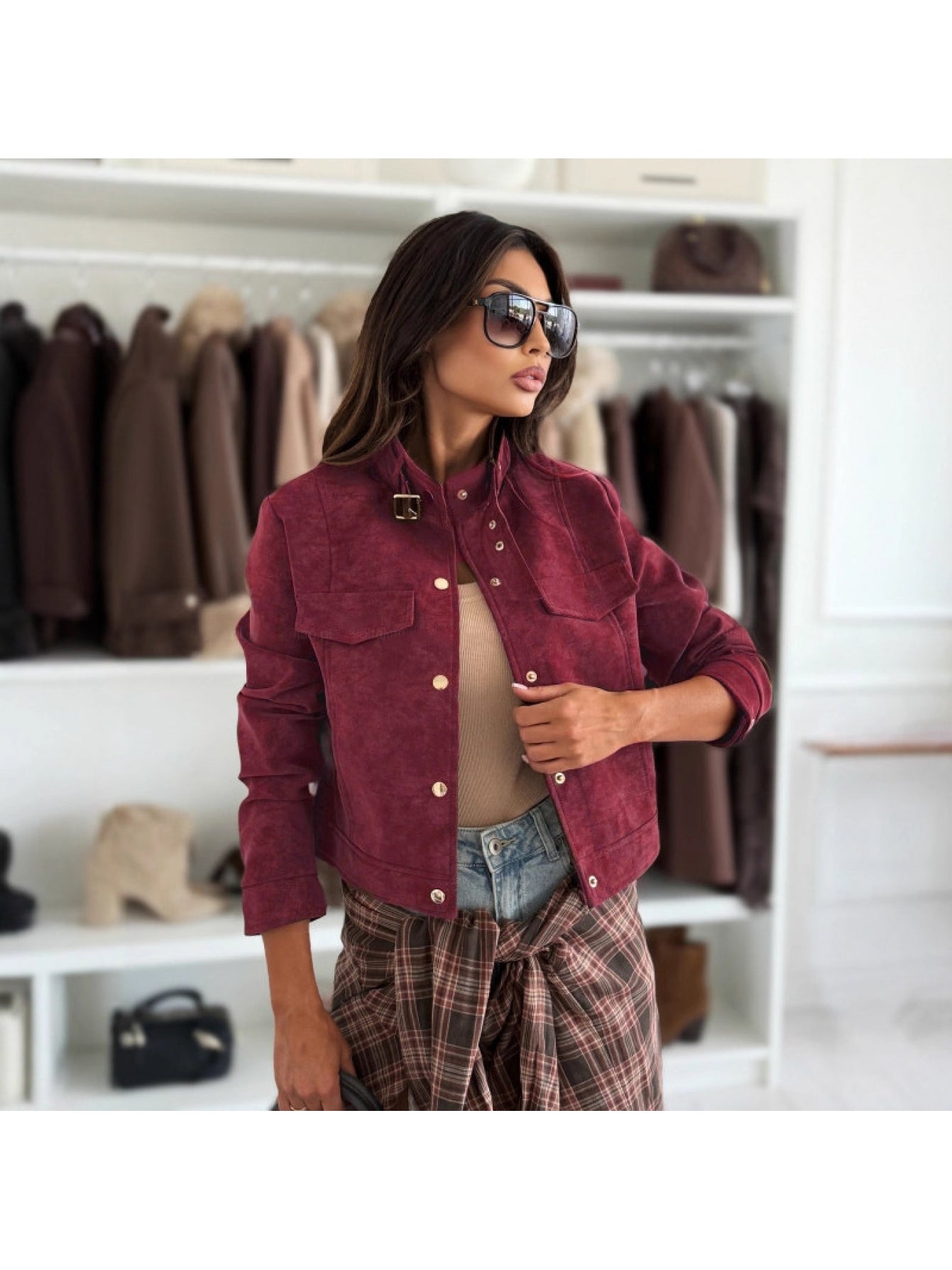 Women'S Elegant Short Jacket with Reindeer Fur Collar & Full-Zip Closure - Solid Color Winter Coat, Golden-Tone Button-like Pockets, Regular Fit Warm Outerwear for Fall/Winter, Casual to Semi-Formal Outfits (Brown Shown, Othe