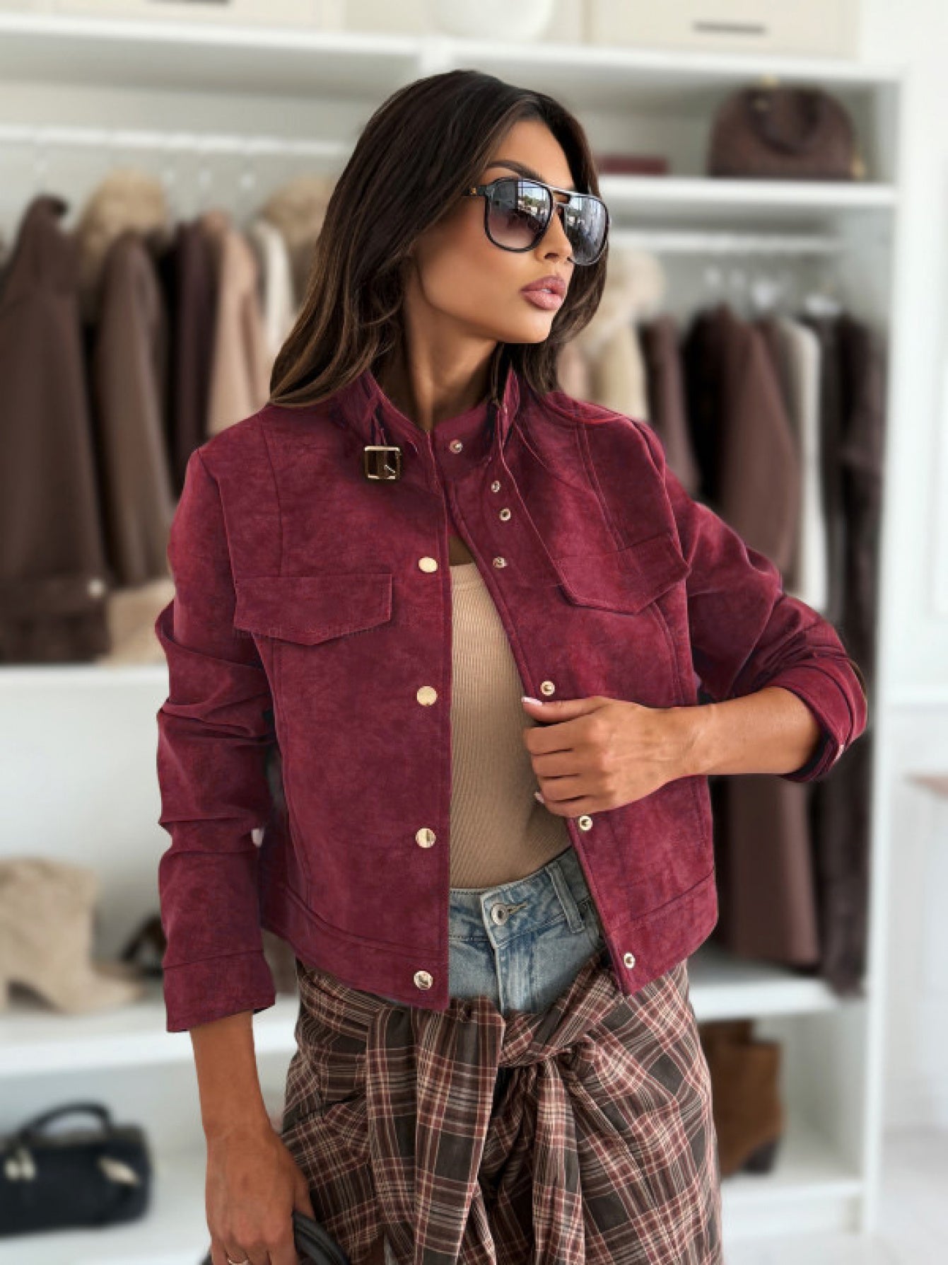 Women'S Elegant Short Jacket with Reindeer Fur Collar & Full-Zip Closure - Solid Color Winter Coat, Golden-Tone Button-like Pockets, Regular Fit Warm Outerwear for Fall/Winter, Casual to Semi-Formal Outfits (Brown Shown, Othe