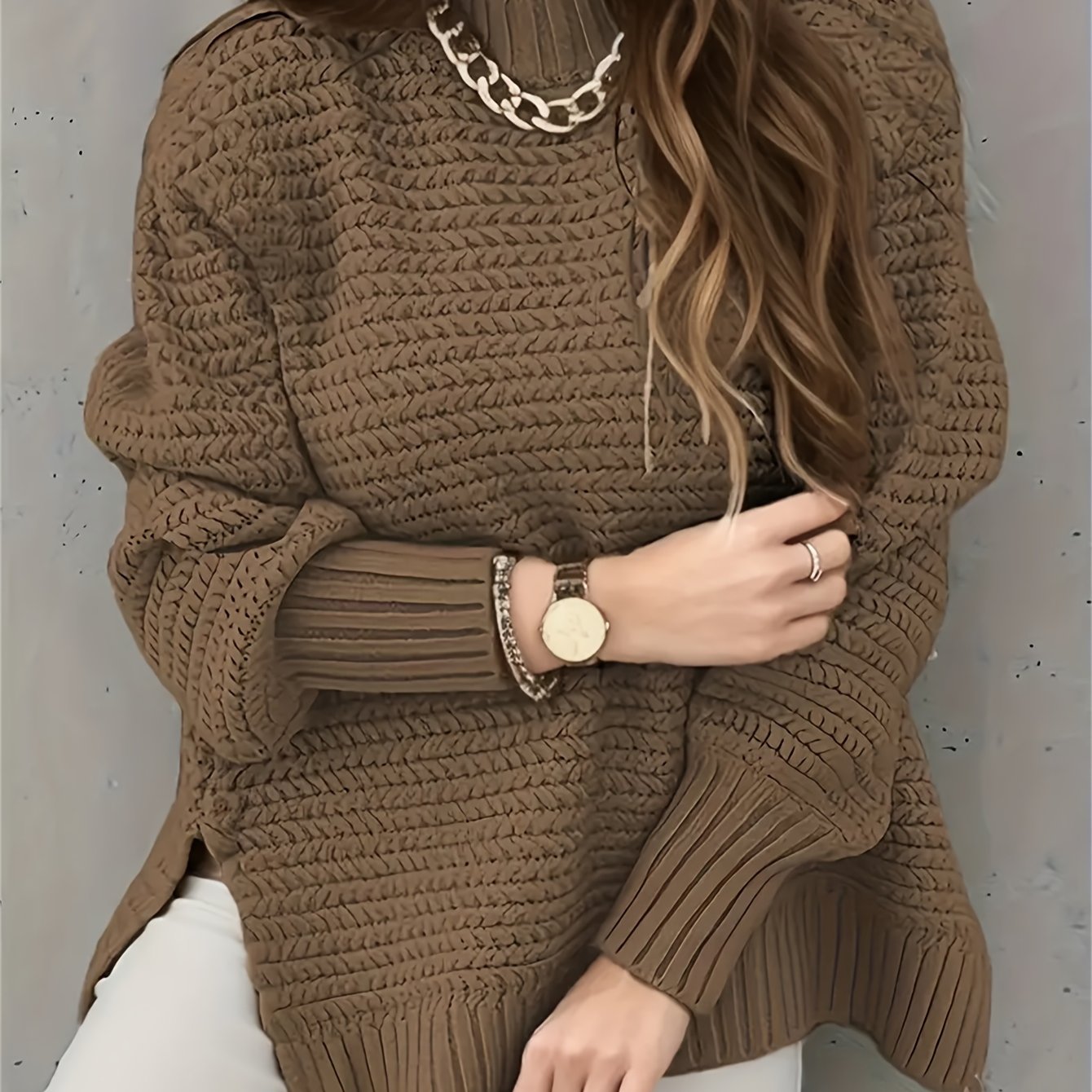 Solid Color Stand Neck Pullover Sweater, Elegant Side Split Long Sleeve Knitted Sweater For Fall & Winter, Women's Clothing