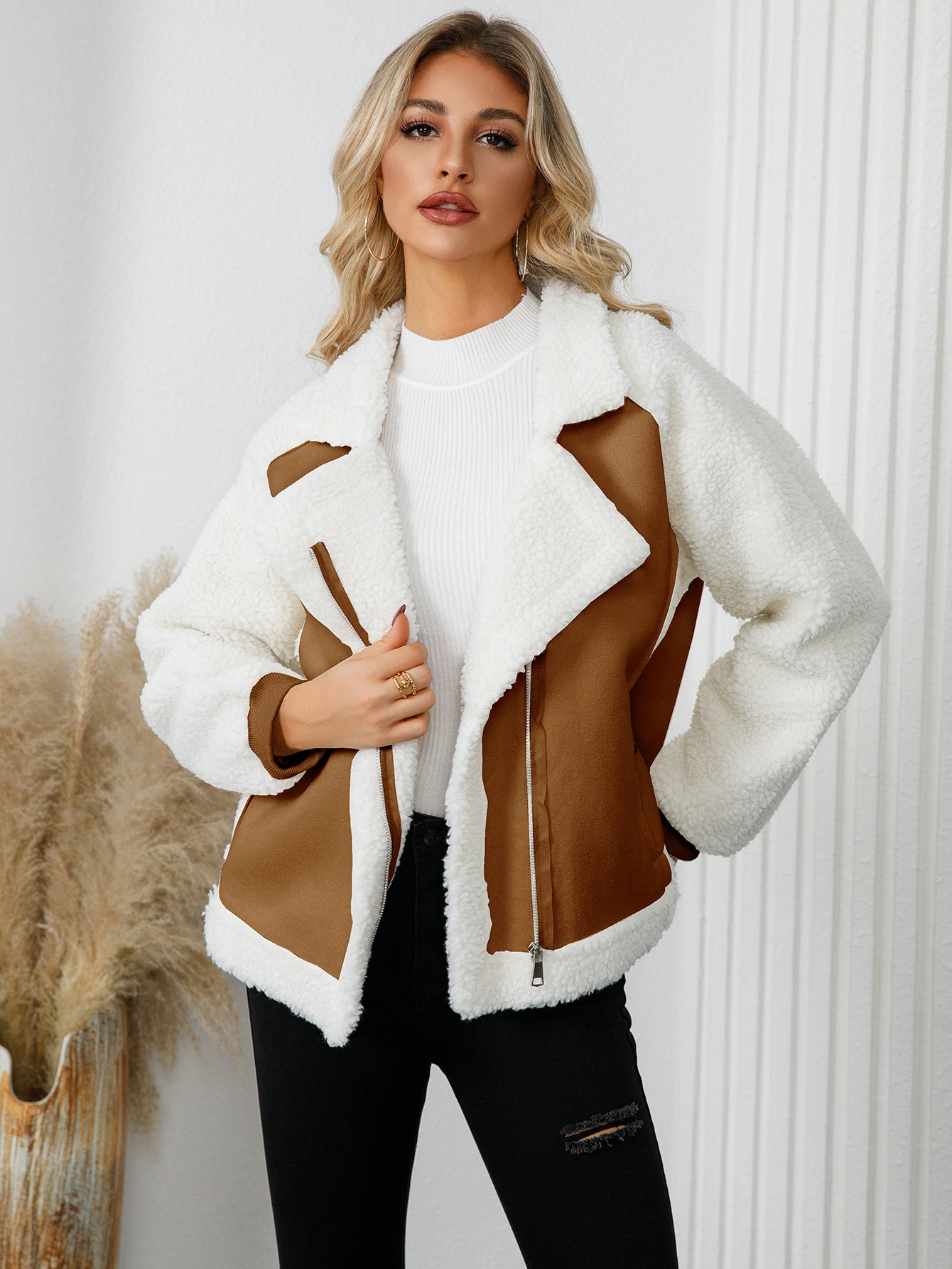 Women'S Elegant Lamb Fleece Coat - Thick Warm Winter Jacket with Large Collar & Full-Zip Closure, Loose Fit Luxury Outerwear, Belted Waist & Full-Length Zipper, Soft Fleece Lining for Fall/Winter, Casual to Formal Outfits (Br